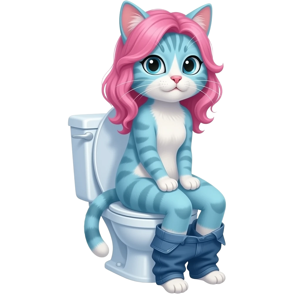Female cyan cat furry woman sit on toilet pants off,pink hair emoji