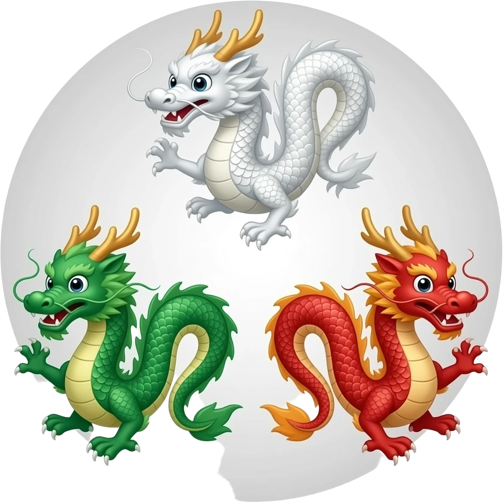 Three traditional (cartoon style) Chinese dragons in a circle but inside like a triangle shape - a white dragon on the top middle, a green dragon on the left corner, and a red dragon on the right corner - with space in the middle each with their respective mahjong symbol emoji