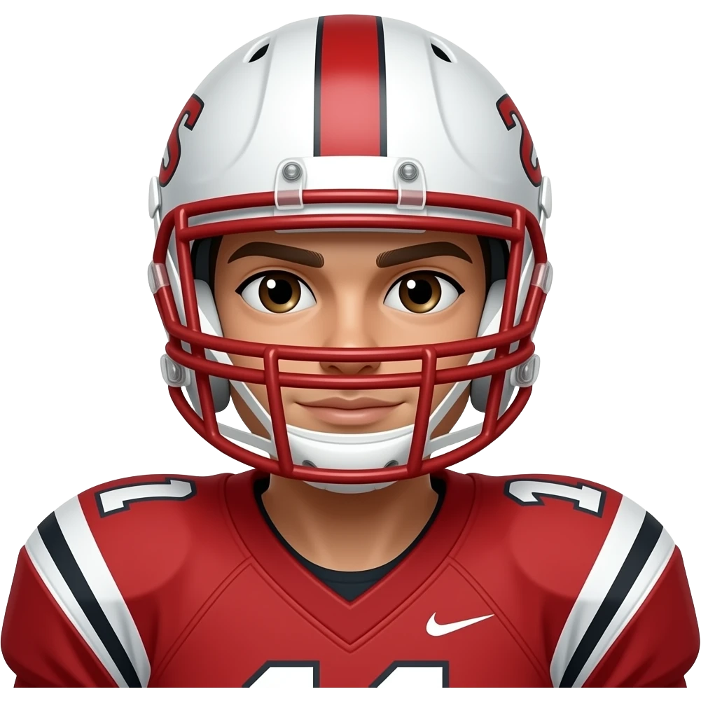 crea un emoji de un jugador de americano con casco blanco y detalles en rojo con uniforme blanco con numer rojo, su uniforme de abajo de color rojo con tachos de color blanco rojo y negro emoji