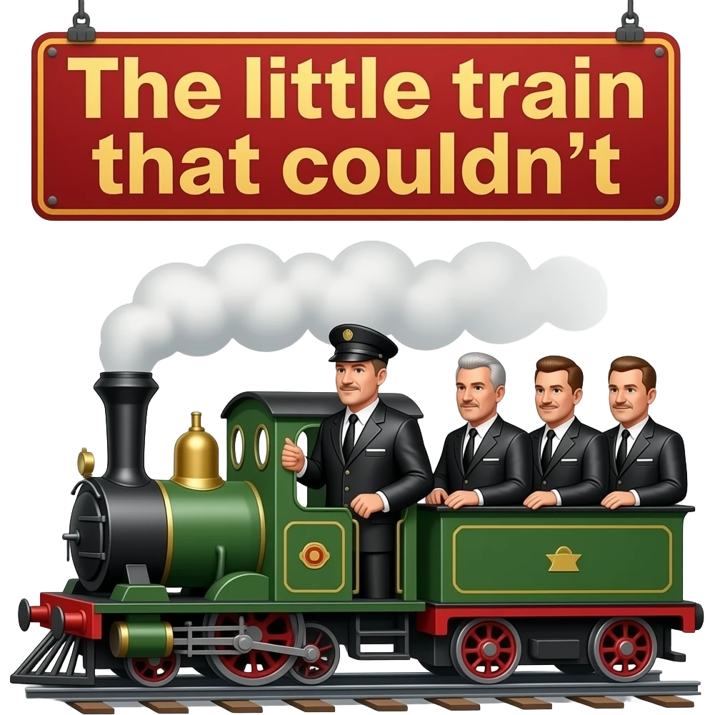 Poster for SteamWorks: "The little train that couldn't". Gay leatherman train conductor, gay leatherman passengers.. emoji