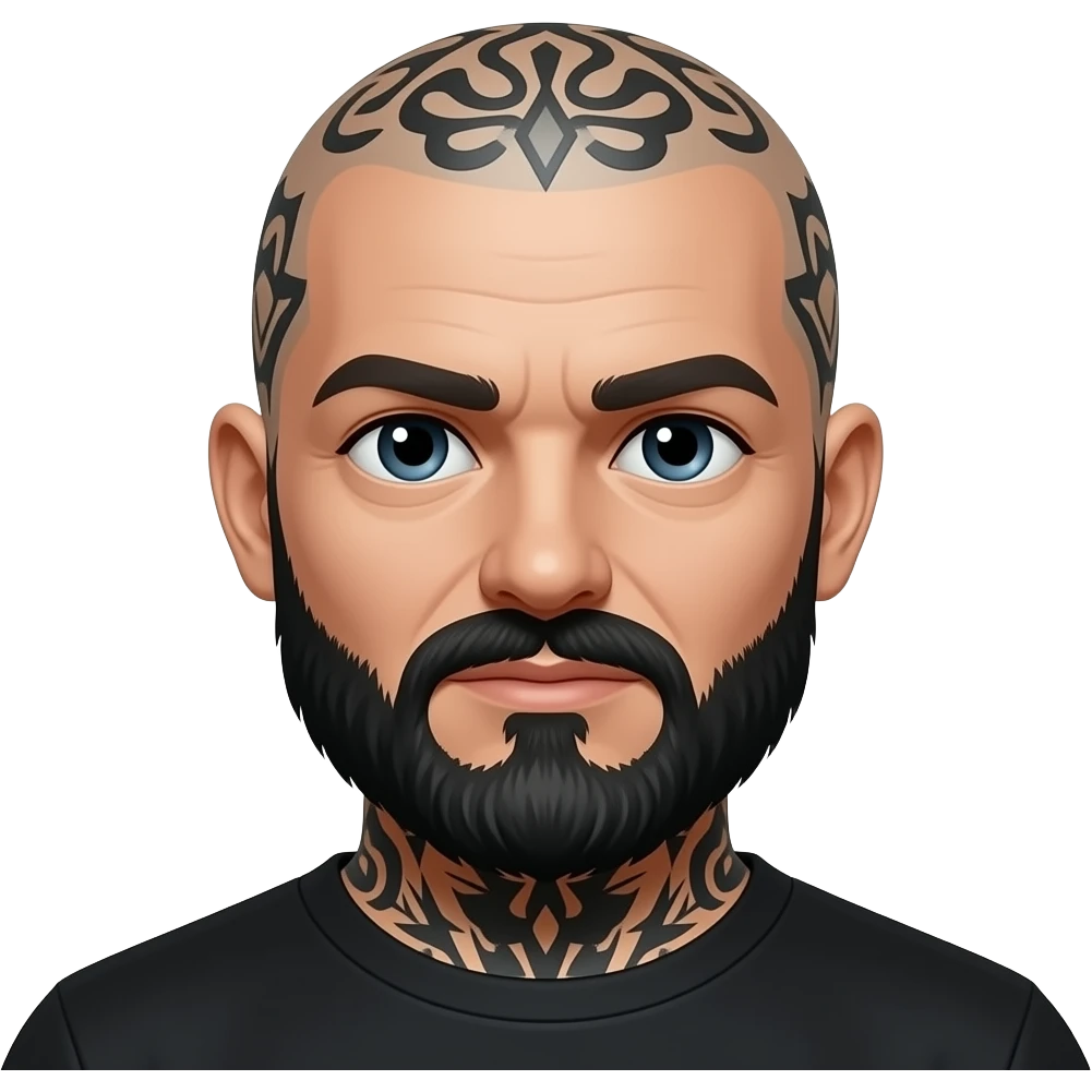 Biker bald with black beard and more head and facial tattoos all over emoji