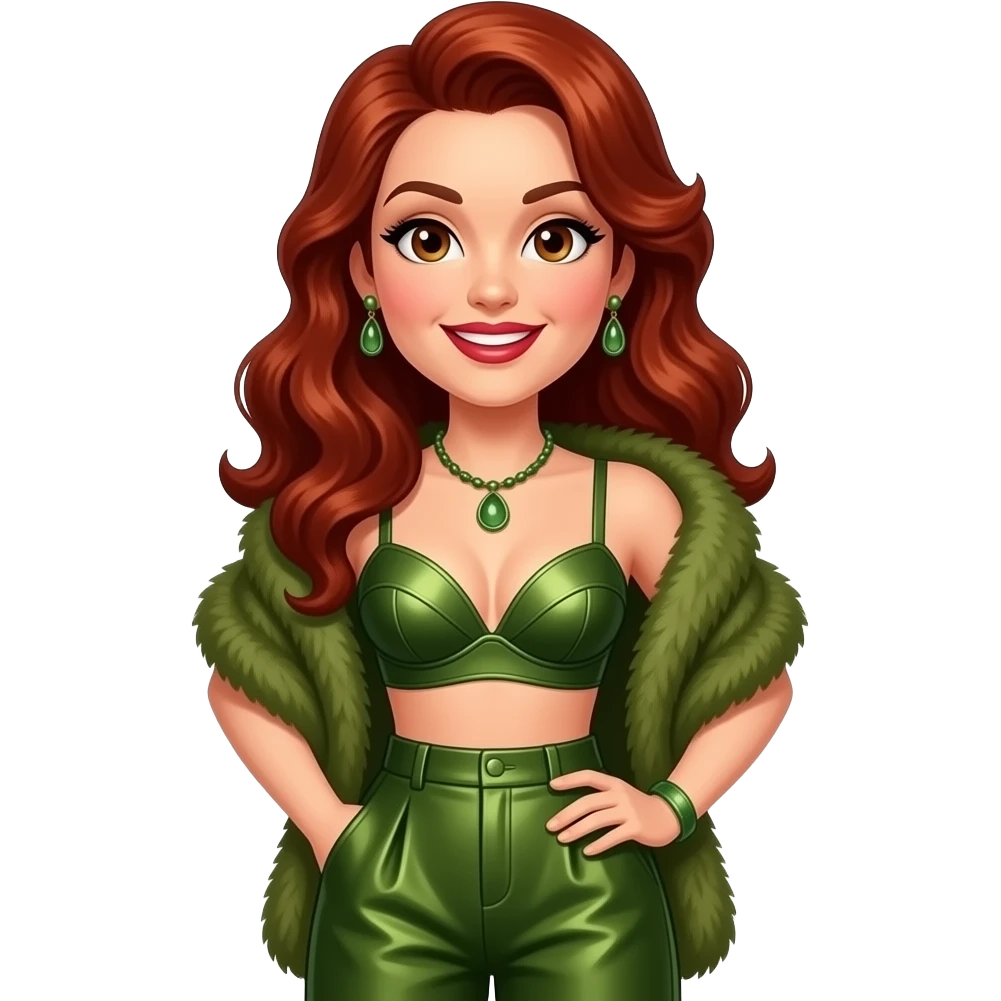 LaVerne Andrews from The Andrews Singers with brown eyes, long red pin-up hair, olive fur shawl, olive metallic bra, olive metallic baggy pants, necklace and earrings emoji