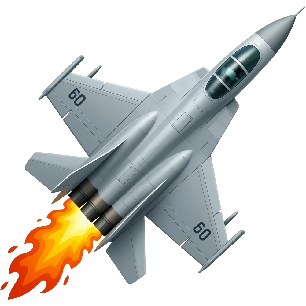 Fighter jet tilted at 60°with flames coming out of its rear end emoji