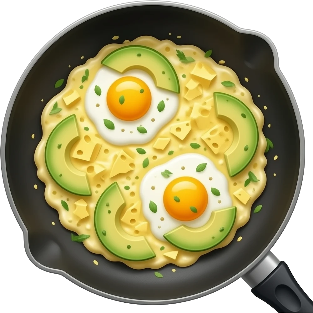 scrambled eggs in skillet with avocado slices cheese and herbs emoji