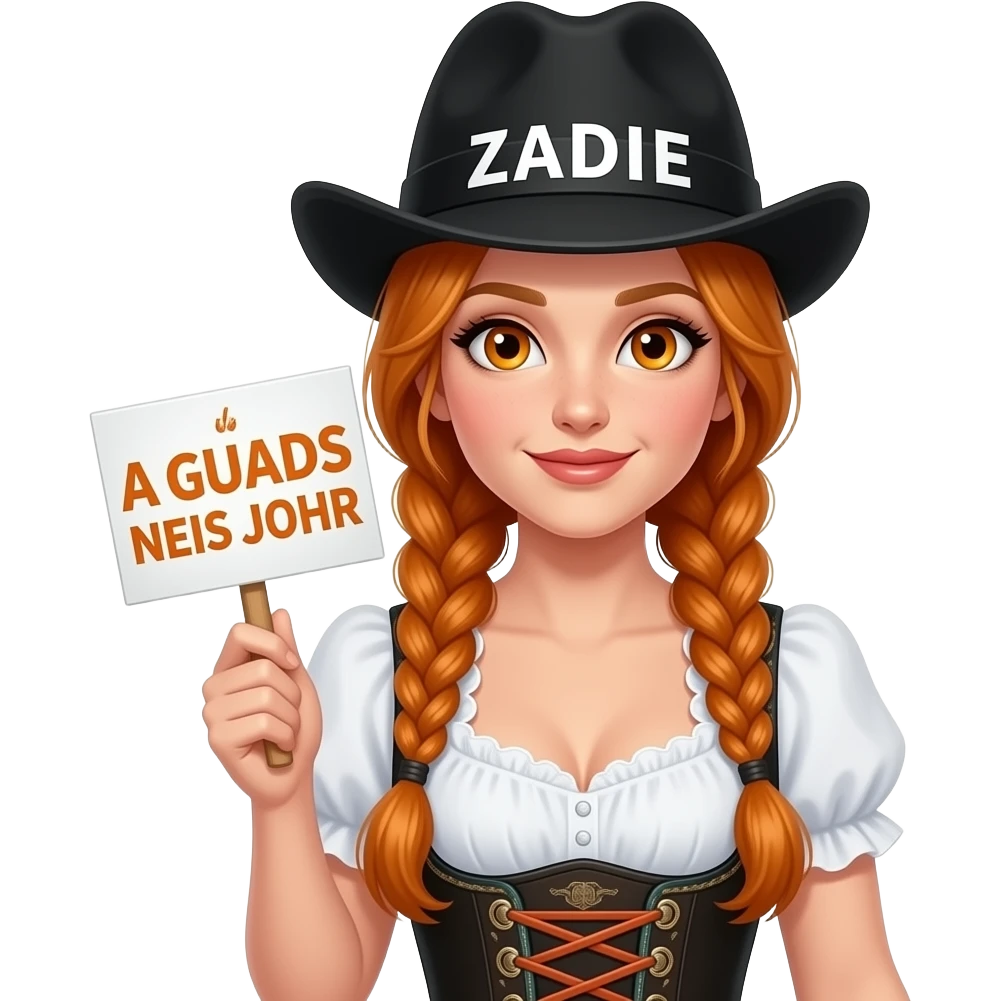 sexy girl with overlong ginger braids and ginger eyes wearing a dirndl and a black bavarian hat with ZADIE written on it, is holding a sign with A GUADS NEIS JOHR written on it emoji