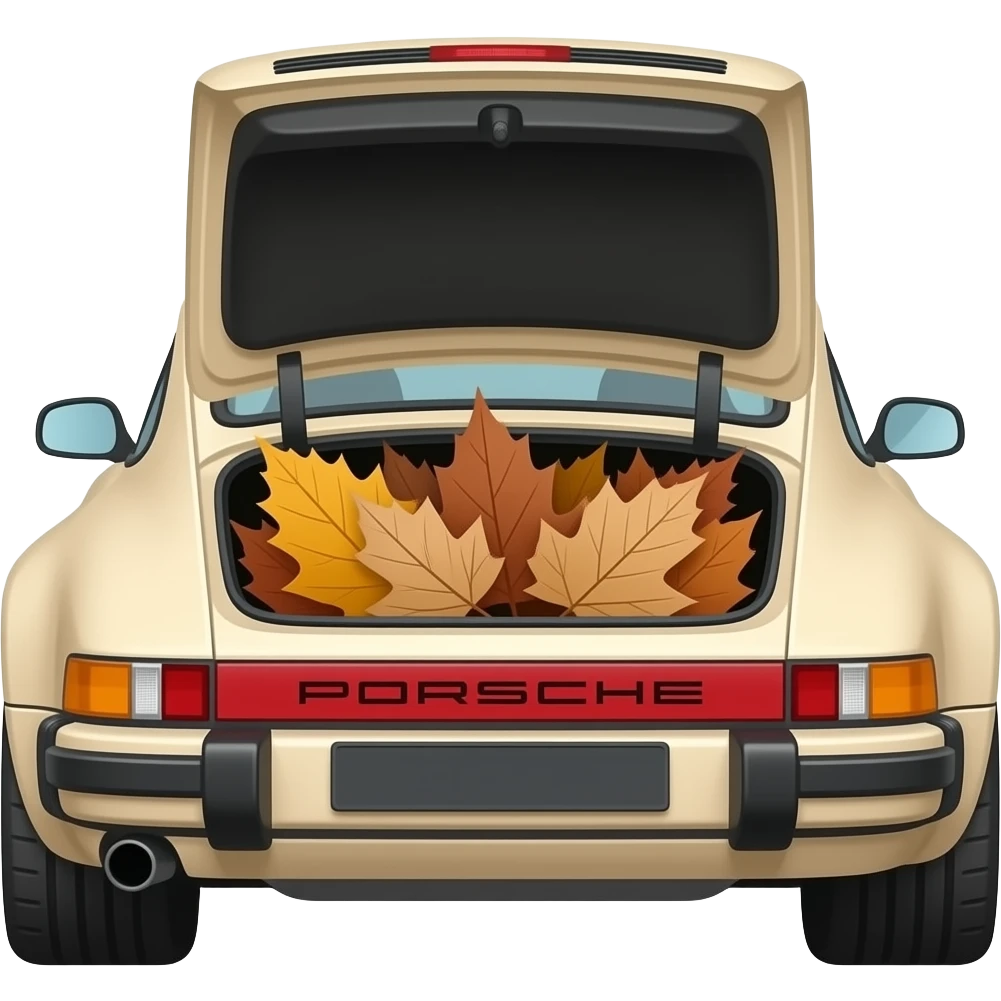 beige pastel porsche 911 car in the trunk very many beige and brown and orange autumn leaves emoji