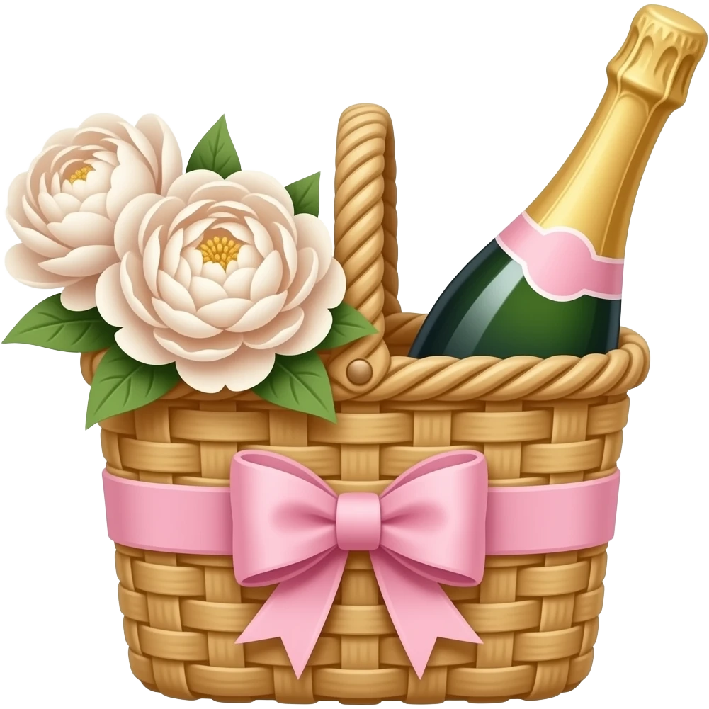 beige Picnic basket with light pink bow and beige peonies and a beige champage bottle inside emoji