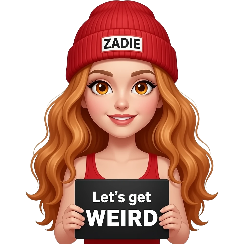sexy girl with overlong wavy ginger hair and ginger eyes wearing a red tanktop and a red beanie with ZADIE written on it, is holding a black sign with Let's get WEIRD written on it emoji