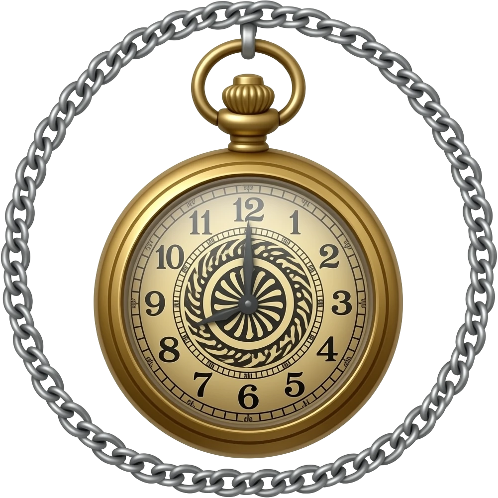 A pocket watch that reads midnight with a hypnotic spiral on it hanging ...