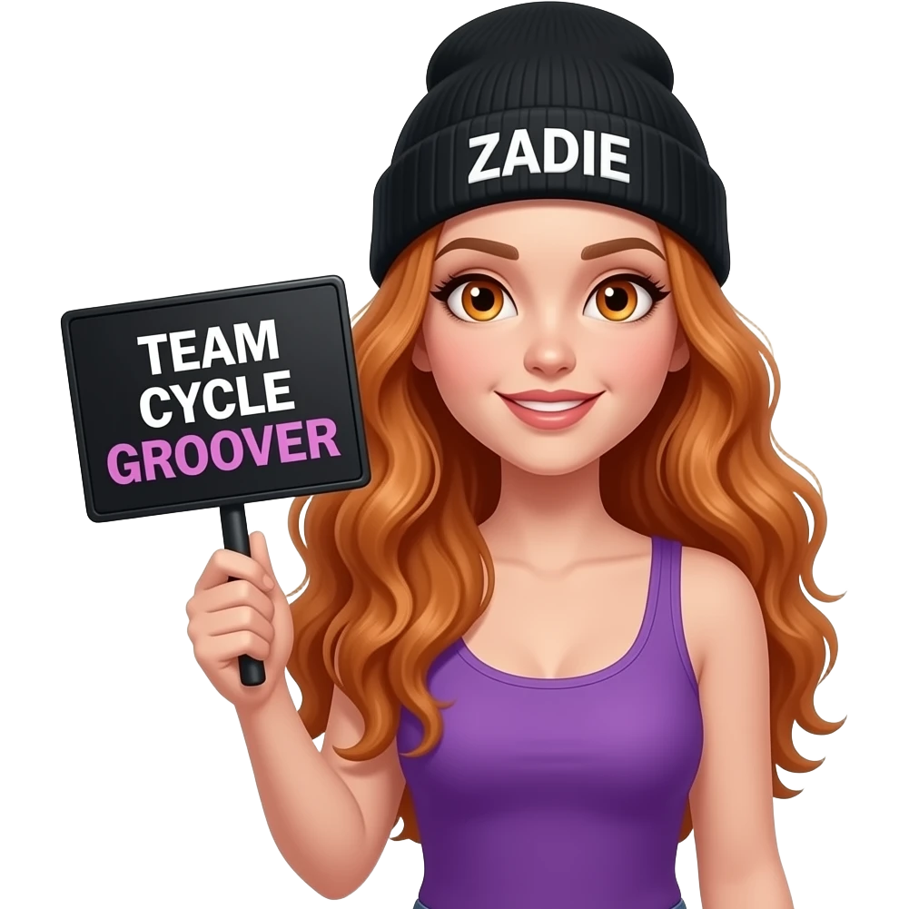 sexy girl with overlong wavy ginger hair and ginger eyes wearing a purple tanktop and a black beanie with ZADIE written on it, is holding a black sign with TEAM CYCLE GROOVER written on it emoji