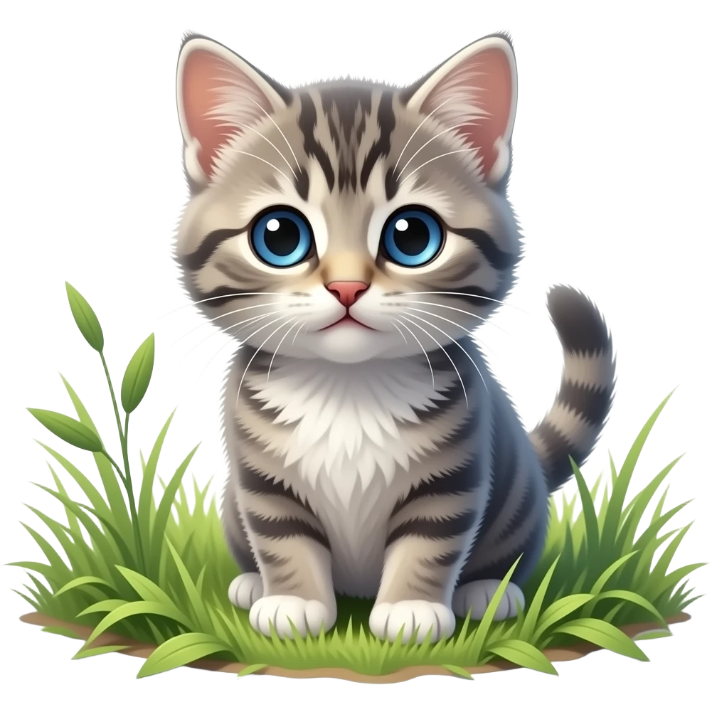 Котёнок в траве: серо‑белая шерсть, яркие голубые глаза, любопытная поза; на переднем плане — отдельные травинки и листочки, создающие ощущение глубины; естественное дневное освещение, мягкие тени, высокая детализация, реализм emoji