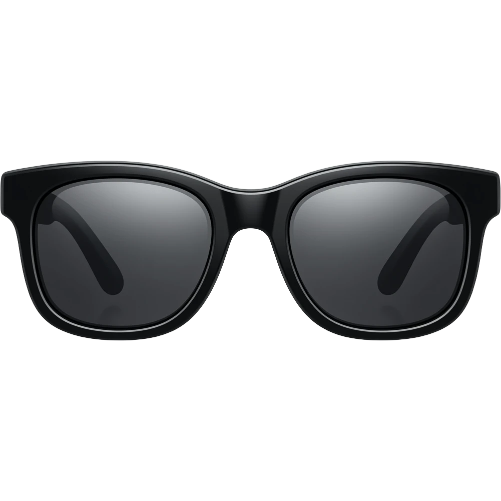 Same sunglasses in every image: glossy black sunglasses, sleek modern shape, premium 3D emoji style, identical design and proportions every time, never worn on the face. emoji