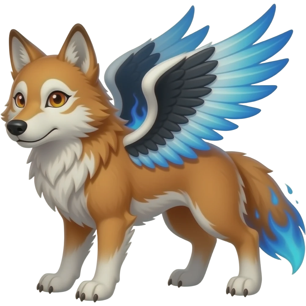 russet wolf with orange eyes, a white marking over the left eye, black, white and blue wings and blue flames over the fur emoji