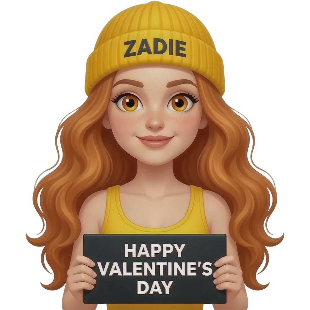 sexy girl with overlong wavy ginger hair and ginger eyes wearing a yellow tanktop and a yellow beanie with ZADIE written on it, is holding a black sign with just HAPPY VALENTINE'S DAY on it emoji