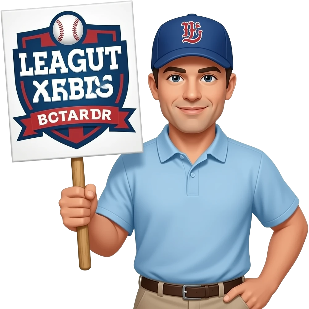 manajer de una liga de beisbol sosteniendo un cartel emoji