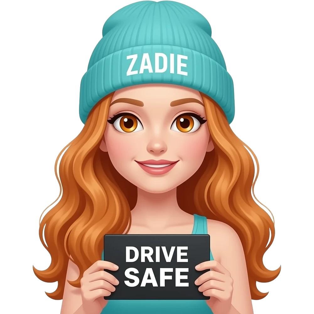 sexy girl with overlong wavy ginger hair and ginger eyes wearing a turquoise tanktop and a turquoise beanie with ZADIE written on it, is holding a black sign with DRIVE SAFE written on it emoji