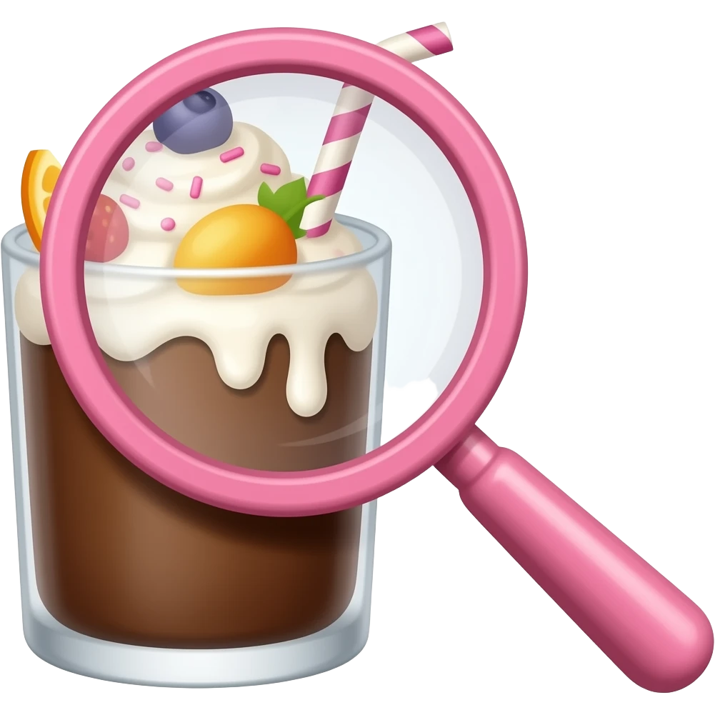 Lupa rosada viendo un vaso de chocolate y crema blanca  y frutas y chispitas rosadas emoji