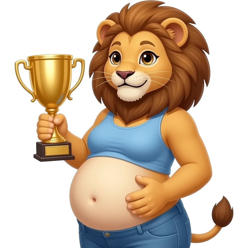 A humanoid girl lion cub,poses for the camera,have in the cutest side view of her young body,but also she is cradling and patting her rather large belly,so she is kind of fat,Bellybutton,she had just won an eating contest while gaining weight in the process,A full Tummy as an award. emoji