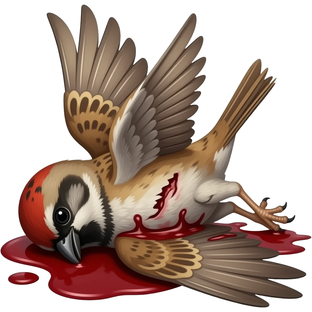A detailed 2D render iPhone emoji icon of a detailed Brown and red color of a dead songbird pinned up with its wings sprawled out and mangled and blood underneath the bird emoji