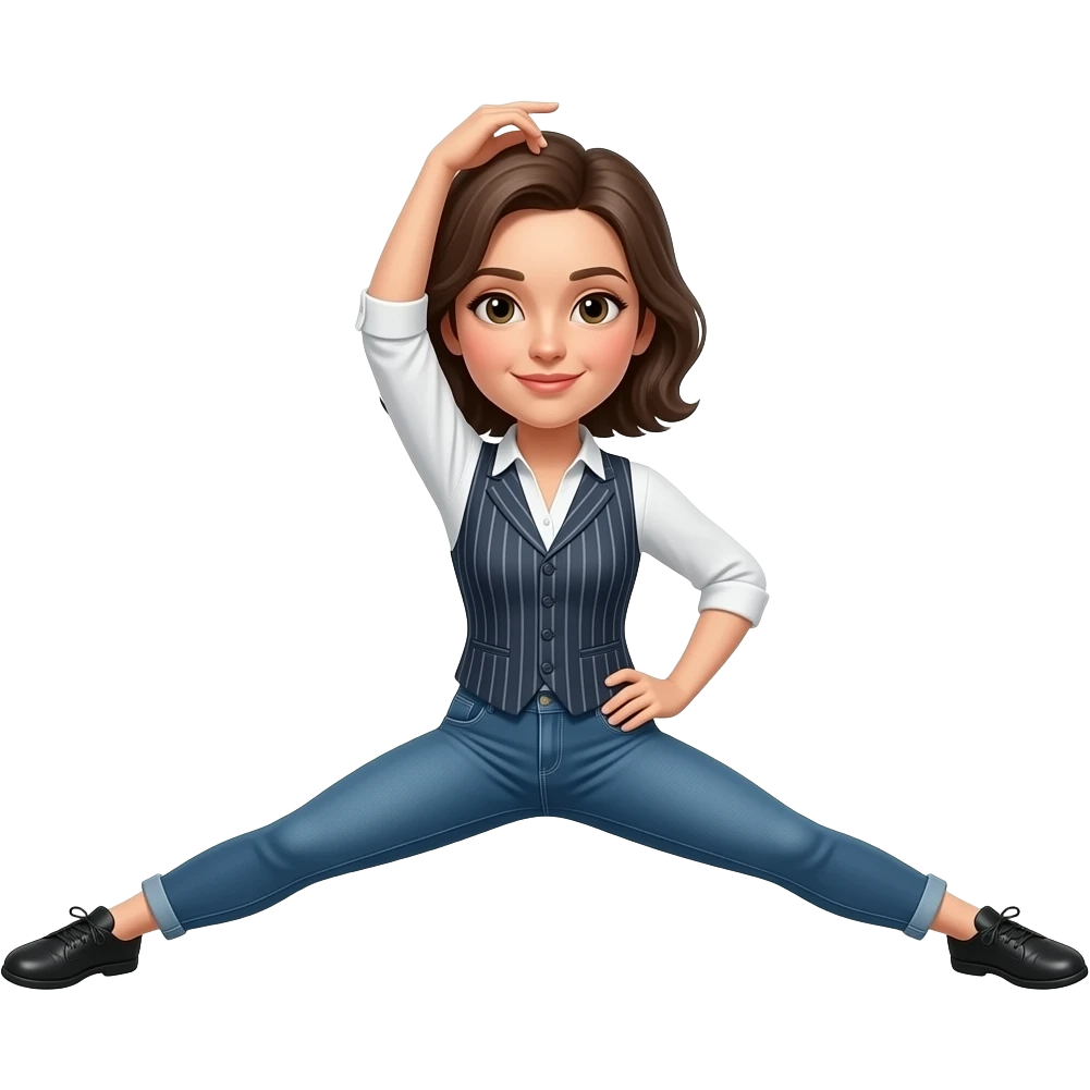 and a stripe waistcoat. Doing a big dance split leap with her legs in splits. With one leg/toe nearly touching her head please emoji