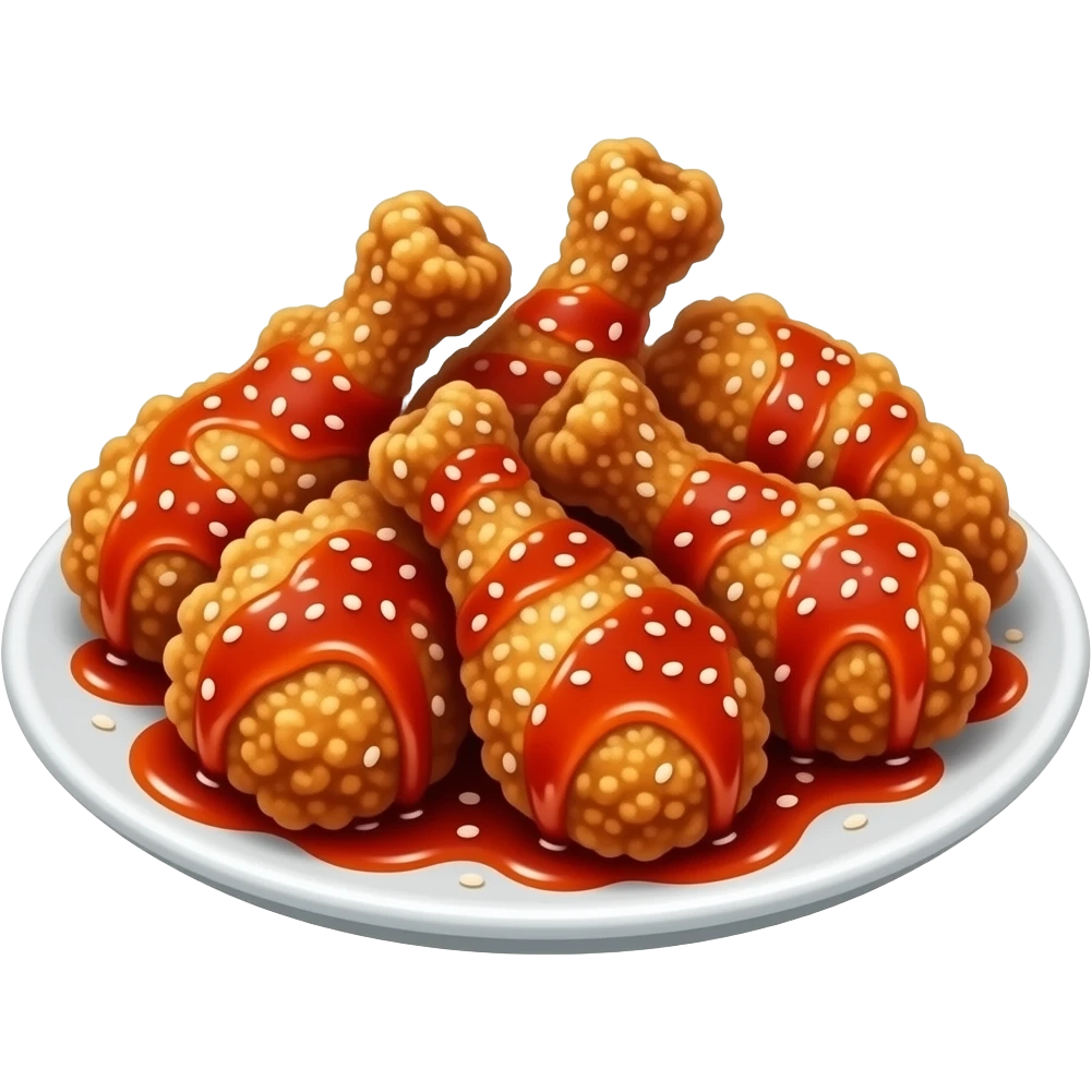 3D emoji style Korean fried chicken pieces on a white plate, 
golden-brown crispy drumsticks and wings glazed with 
glossy red sweet-spicy sauce, sprinkled with sesame seeds, 
Apple emoji aesthetic, soft highlights, 
transparent background, bold simple shapes emoji