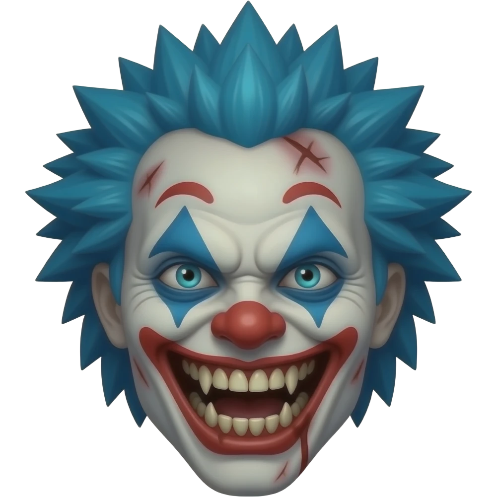 An evil clown with blue hair, head only, wicked grin, hyper real, scary emoji