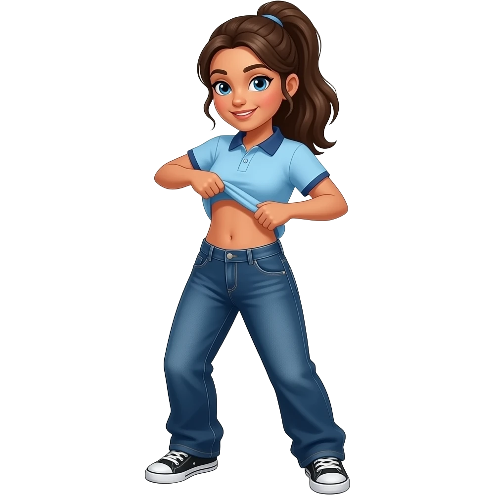 Hispanic girl with brown ponytail and blue eyes light blue dark blue lined polo and dark blue baggy jeans and belly button and black and white sneakers lifting her shirt funny belly trick emoji