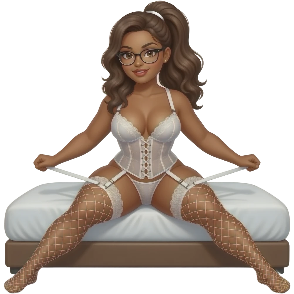 Big Busty, curvy brown skinned woman, long wavy hair in a ponytail, glasses, huge firm ass wearing a sheer white lace corset and a tiny sheer matching thong, white fencenet stockings and suspenders, she sat on the the edge of a bed facing viewer pulling her legs wide apart with her hands emoji