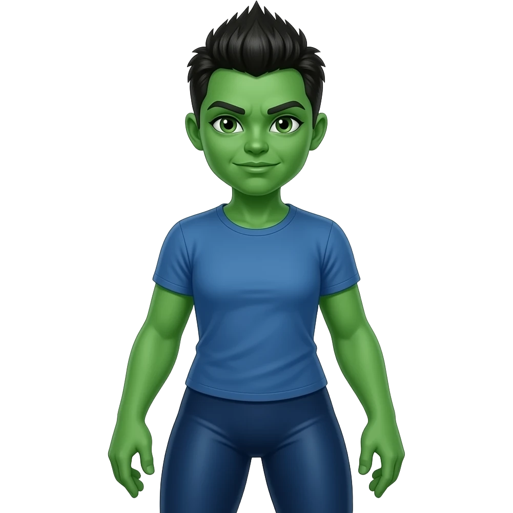 Full body female green she-hulk wearing blue outfit tshirt and tights with pixie mohawk hair emoji