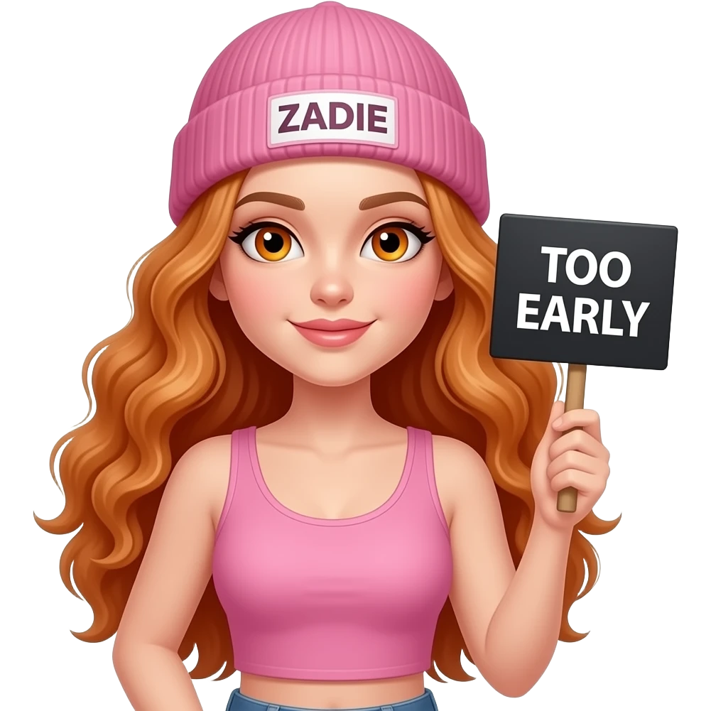 sexy girl with overlong wavy ginger hair and ginger eyes wearing a pink tanktop and a pink beanie with ZADIE written on it, is holding a black sign with ... TOO EARLY written on it emoji