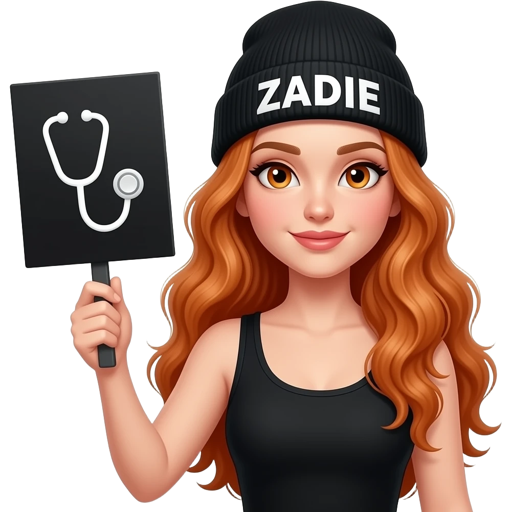 sexy girl with overlong wavy ginger hair and ginger eyes wearing a black tanktop and a black beanie with ZADIE written on it, is holding a black sign with 🩺 on it emoji
