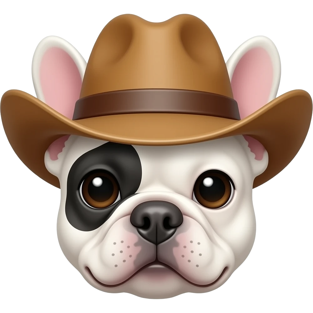 a white french bulldog with a cowboy hat on, just his face emoji