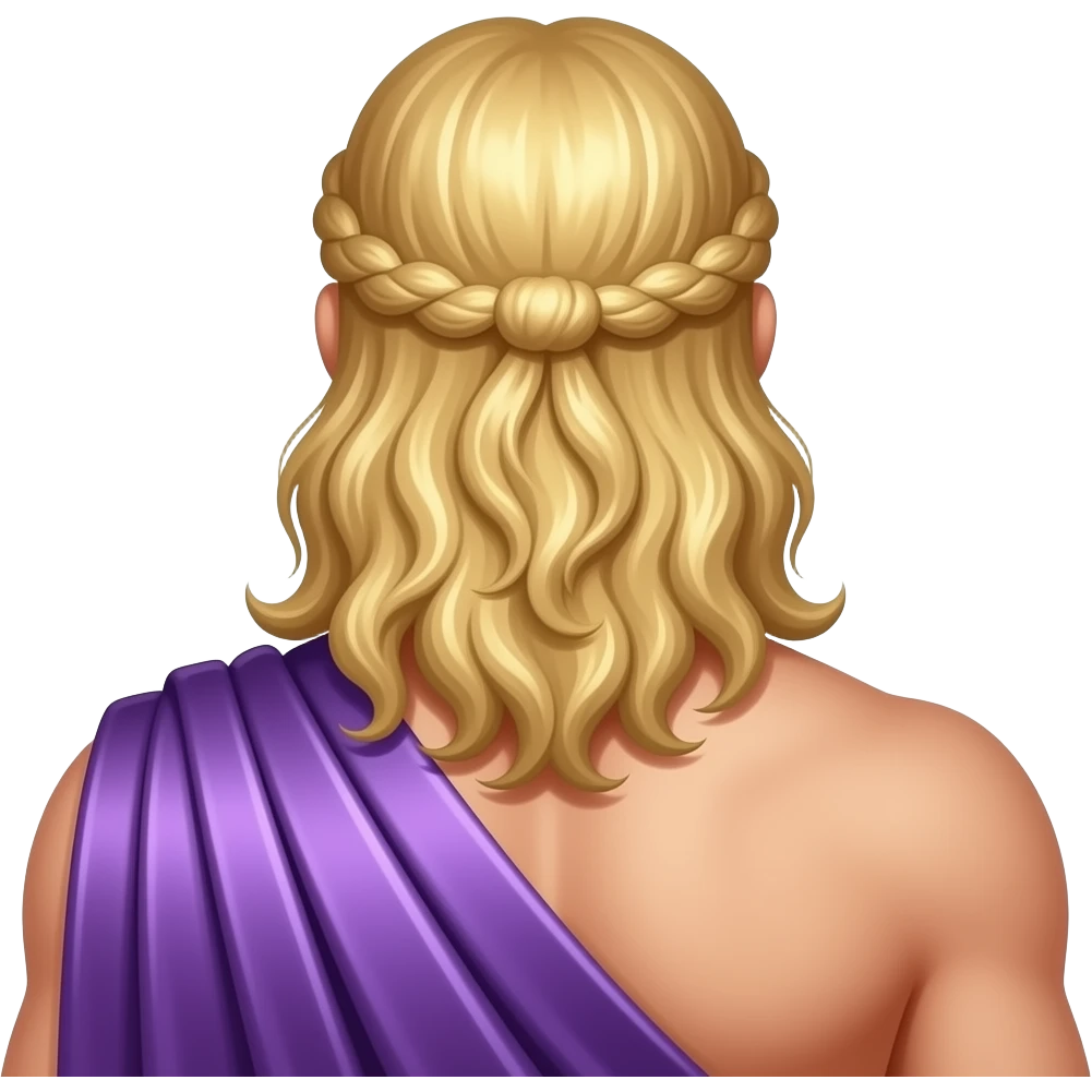 Zeus from behind with long blonde hair, purple metallic toga emoji