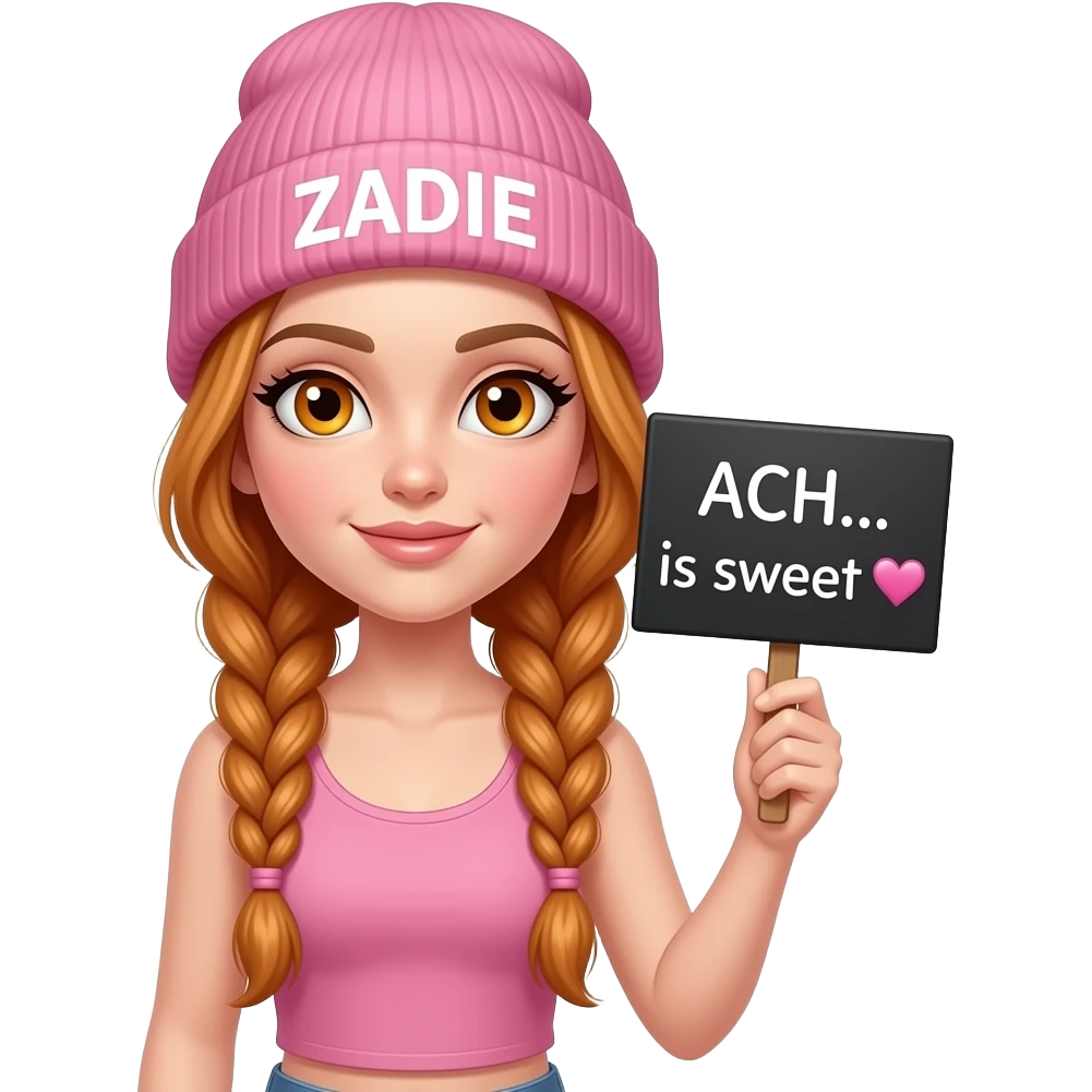 sexy girl with overlong ginger braids and ginger eyes wearing a pink tanktop and a pink beanie with ZADIE written on it, is holding a black sign with ACH... ist das SÜSS 🧡 written on it emoji