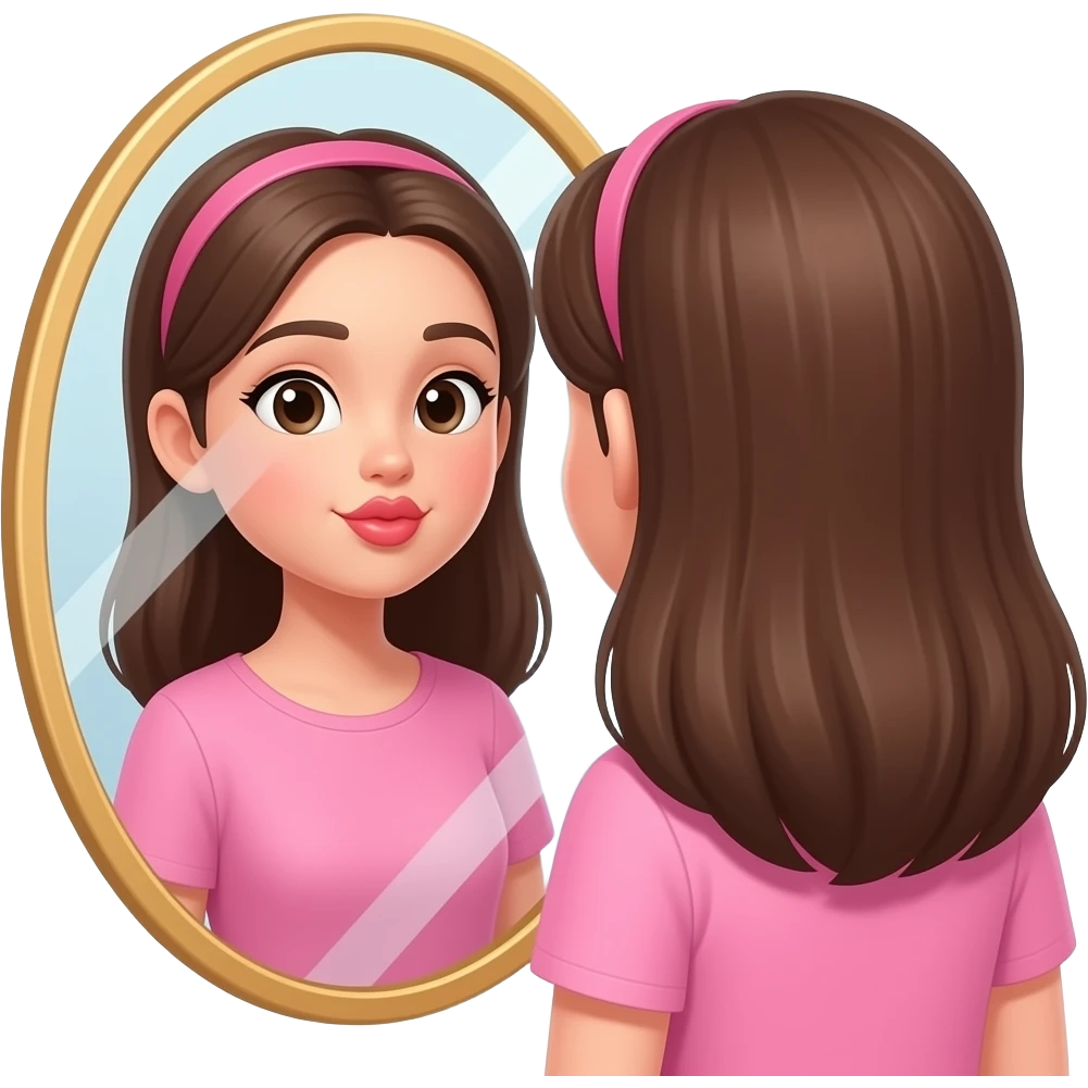 Девушка в розовом одежде смотрит в зеркало и целует свое отражение emoji
