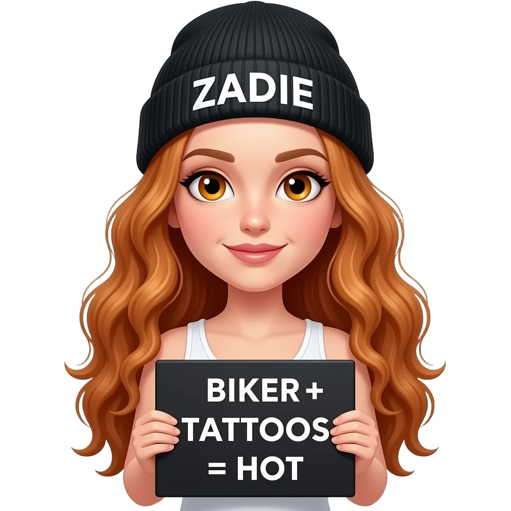 sexy girl with overlong wavy ginger hair and ginger eyes wearing a white tanktop and a black beanie with ZADIE written on it, is holding a black sign with BIKER + TATTOOS = HOT written on it emoji