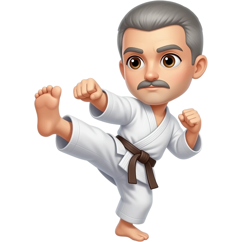 No BEARD,   Very short hair cut gray  with a mustache doing a karate kick and brown eyes and Brown Belt emoji