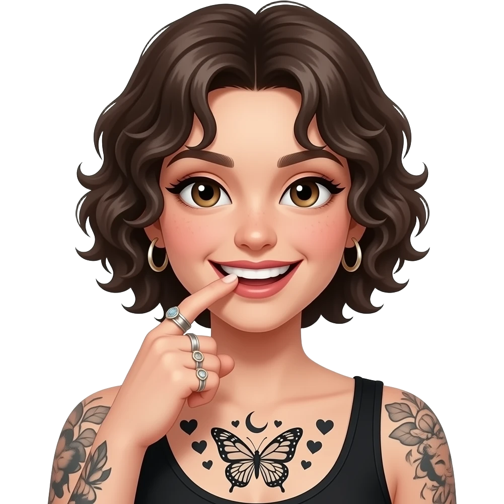 cheveux courts coiffé sur le devant et bouclés. Qui se mord le doigt avec un grand sourire coquin. Un tatouage sur le torse de papillon avec les croissants de lune au dessus. Avec des bagues. Et des cœurs autour emoji