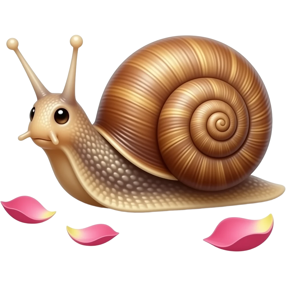 Нарисуй реалистичную милую улитку а рядом с ней лепестки роз emoji