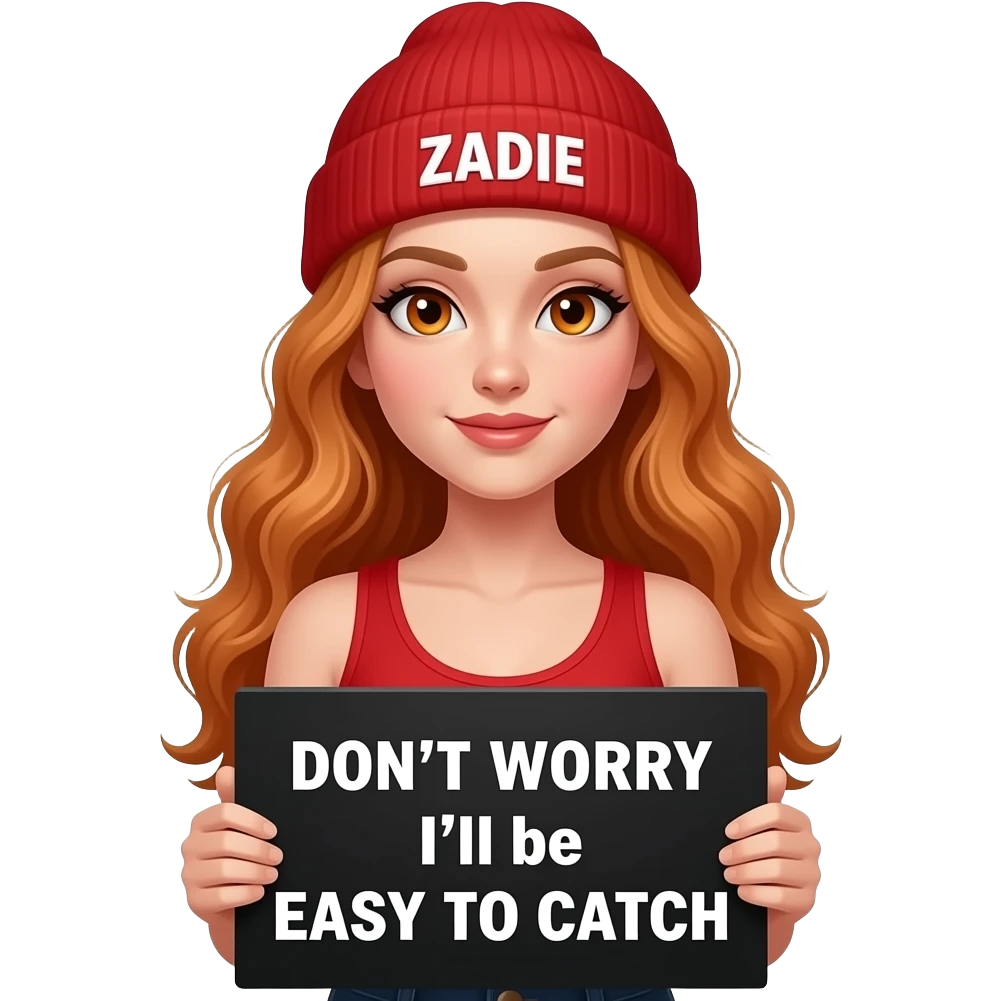sexy girl with overlong wavy ginger hair and ginger eyes wearing a red tanktop and a red beanie with ZADIE written on it, is holding a black sign with DON'T WORRY I'll be EASY TO CATCH written on it emoji