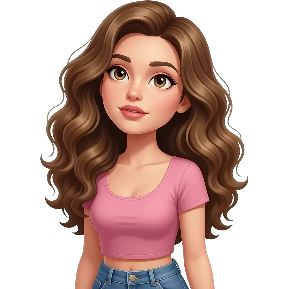 Woman thinking and looking up wearing dusty pink crop top with jean pants. Brown eyes and dark blonde wavy fluffy hair. Very pretty and sexy and seducing eye look emoji