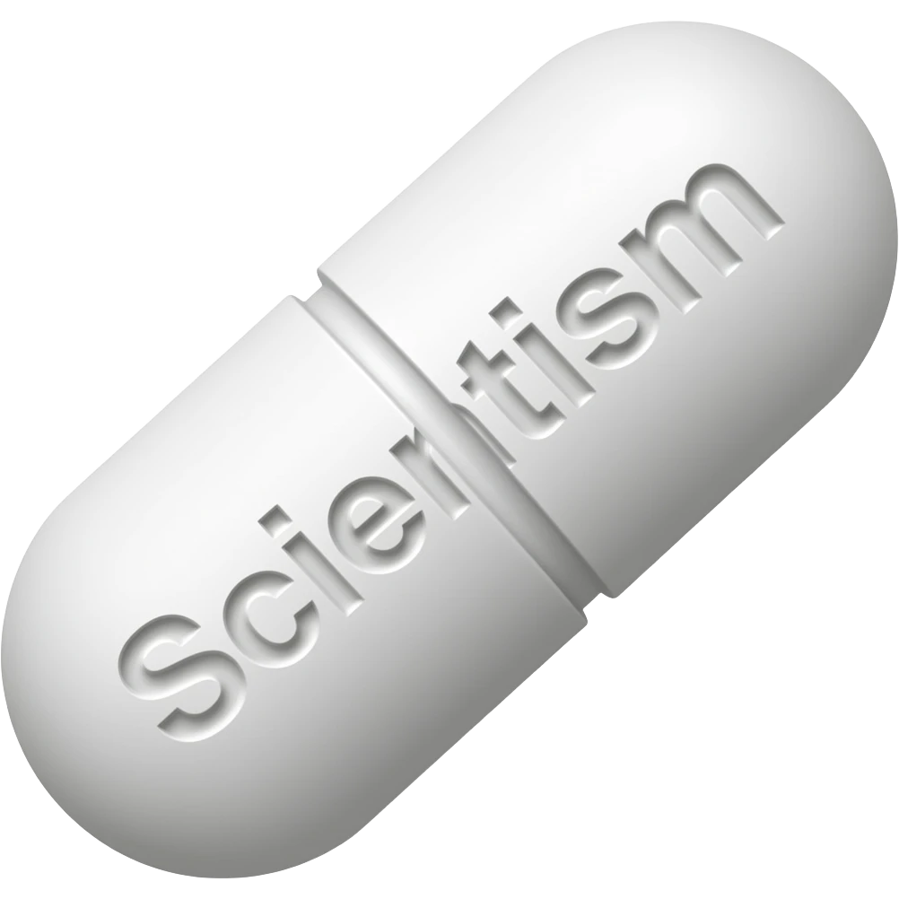 A single white "solid" oblong pill with "Scientism" engraved in it at a 45 degree angle with no divider line emoji