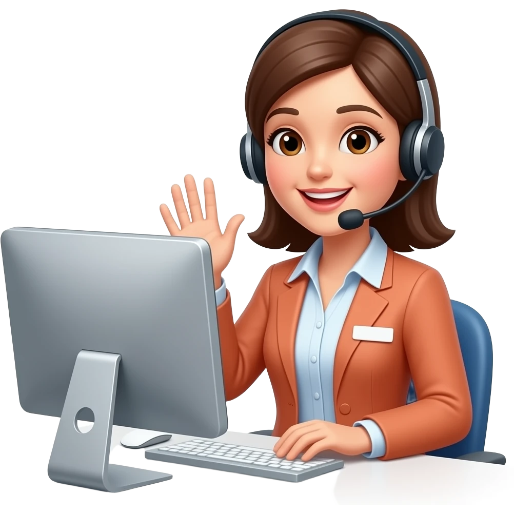 call centre specialist with headfone with microphone and pc screen , 3d, woman, one hand waving emoji