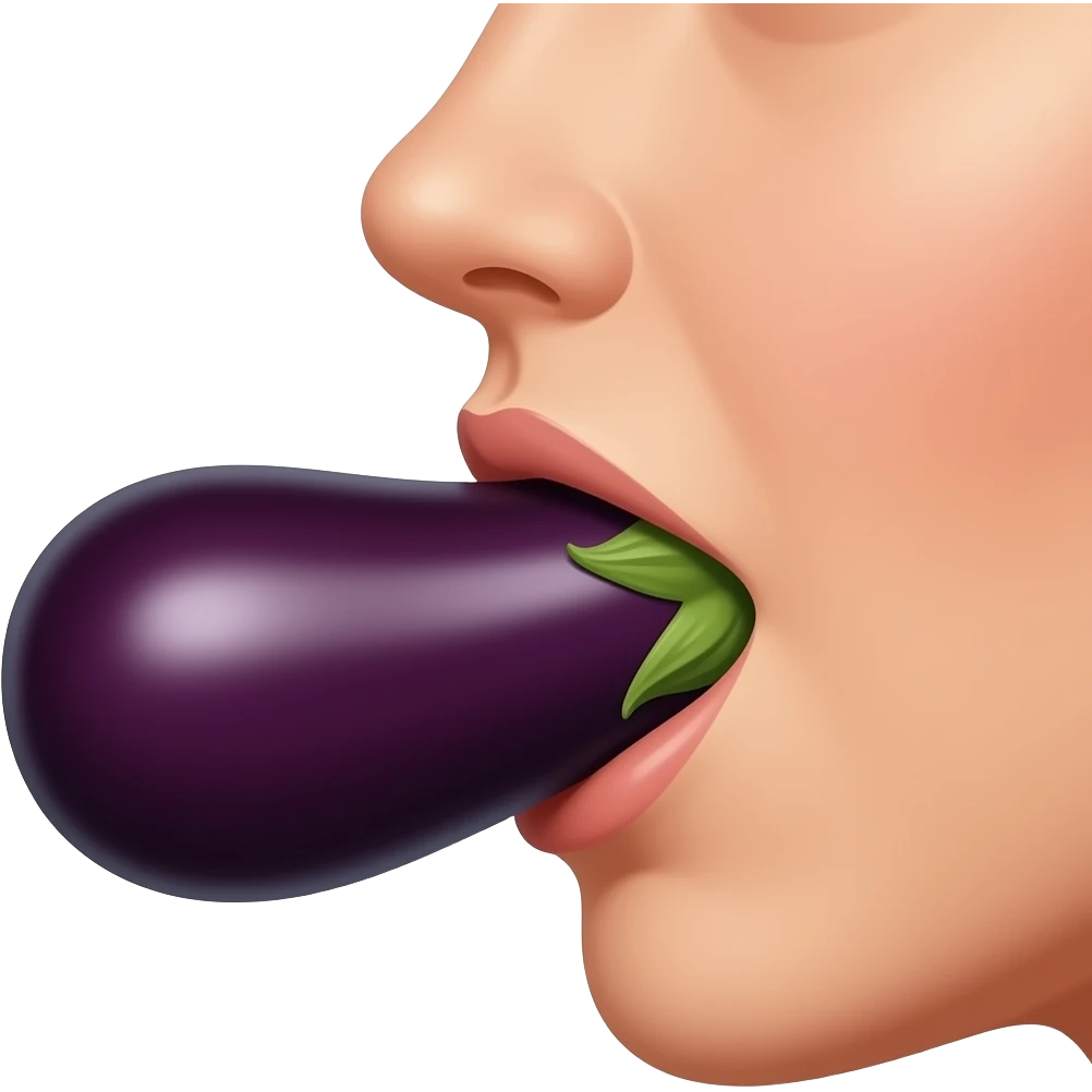Side view of an eggplant entirely inside a woman’s mouth emoji