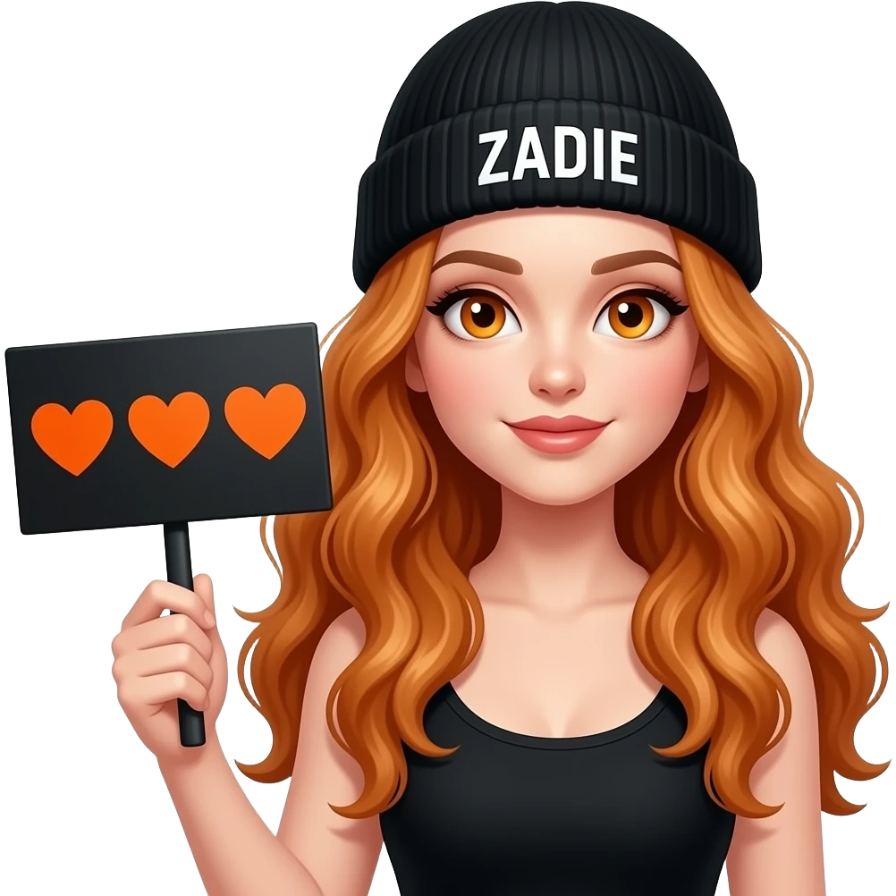 sexy girl with overlong wavy ginger hair and ginger eyes wearing a black tanktop and a black beanie with ZADIE written on it, is holding a black sign with 🧡🧡🧡 on it emoji