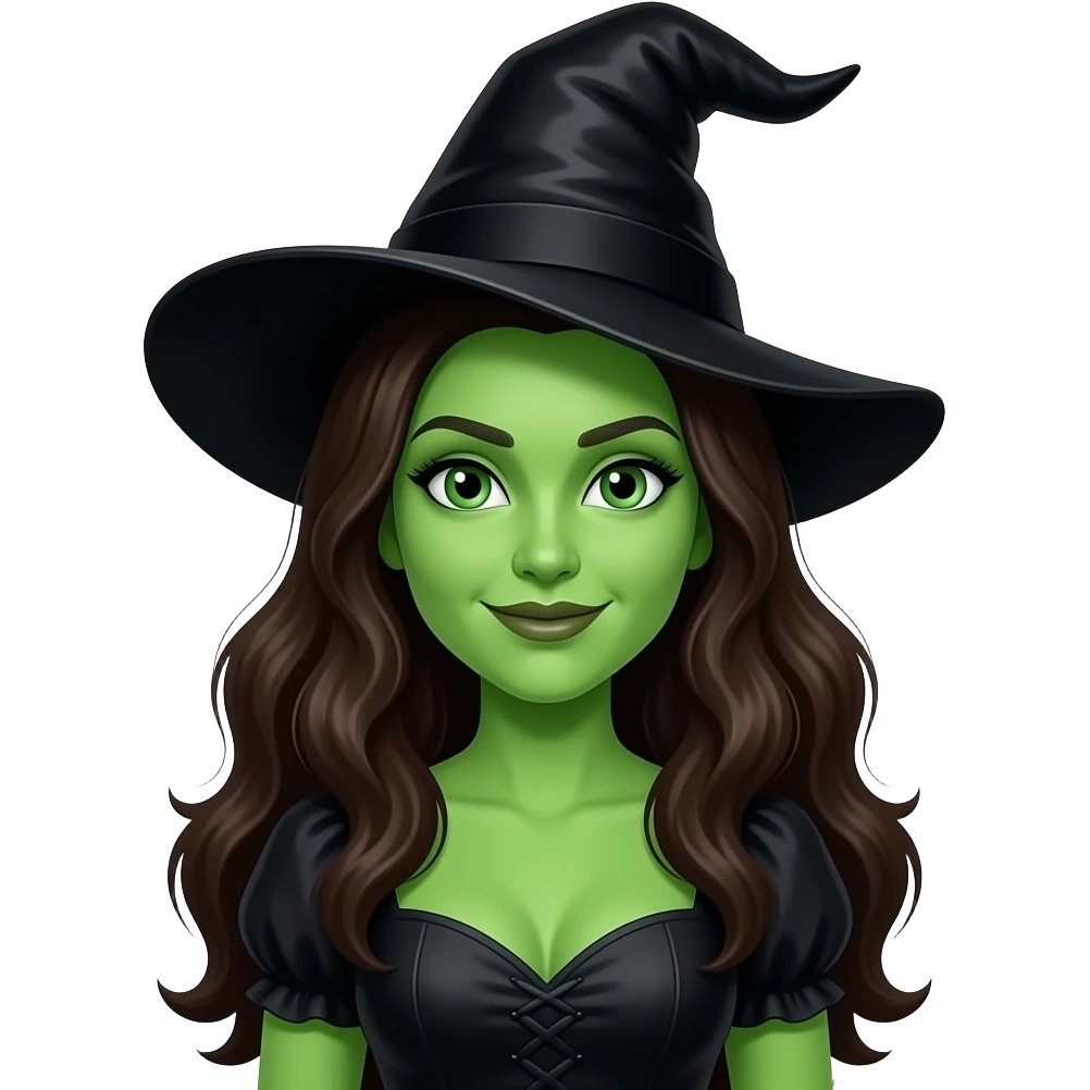 The Wicked Witch from Oz Series with green skin, green eyes, long dark brown hair, black sweetheart blouse, black witch hat emoji