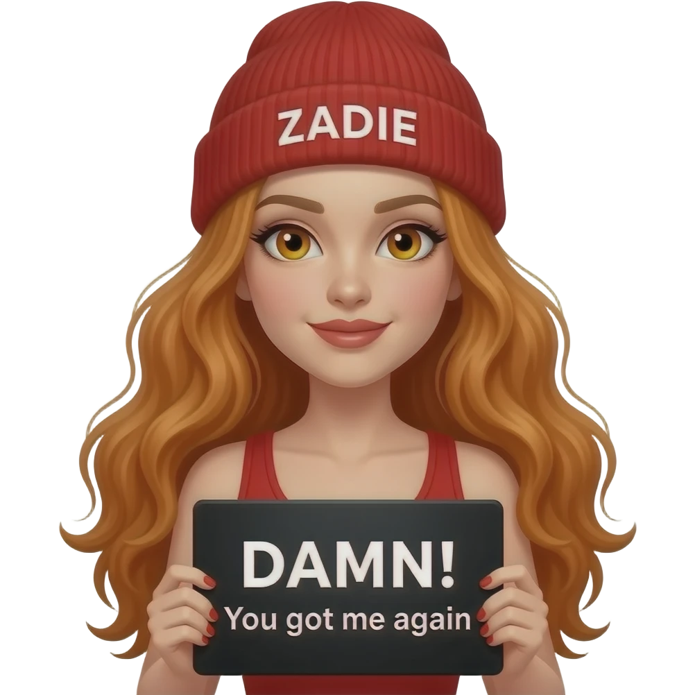 sexy girl with overlong wavy ginger hair and ginger eyes wearing a red tanktop and a red beanie with ZADIE written on it, is holding a black sign with DAMN! You got me again written on it emoji