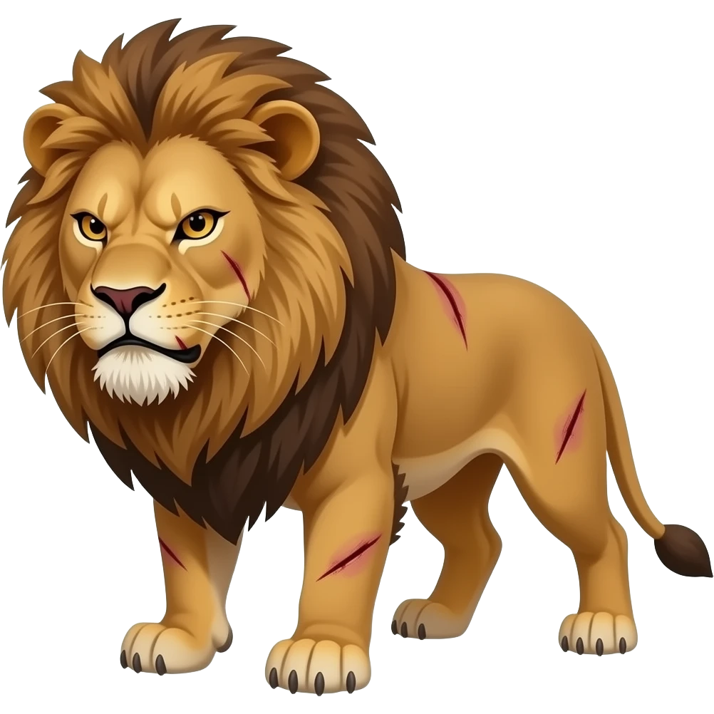 Make a angry lion with scars and closed mouth and seeing in attitude emoji