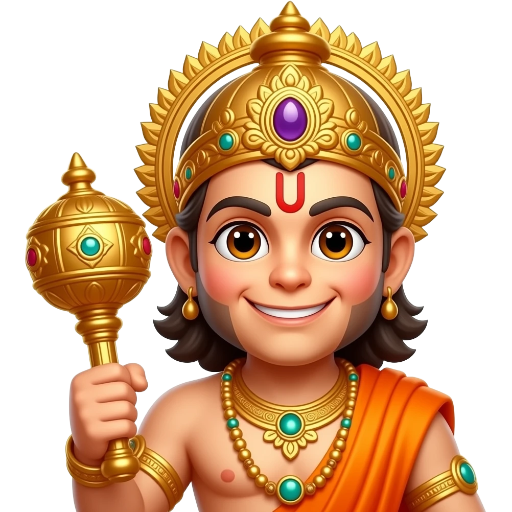 “3D royal Lord Hanuman emoji, divine smile, golden mukut, red tilak, glowing eyes, holding golden gada, saffron shawl flowing, soft heavenly aura, premium emoji design, ultra clean background, vibrant orange and gold tones, cinematic lighting, highly detailed cartoon style.” emoji