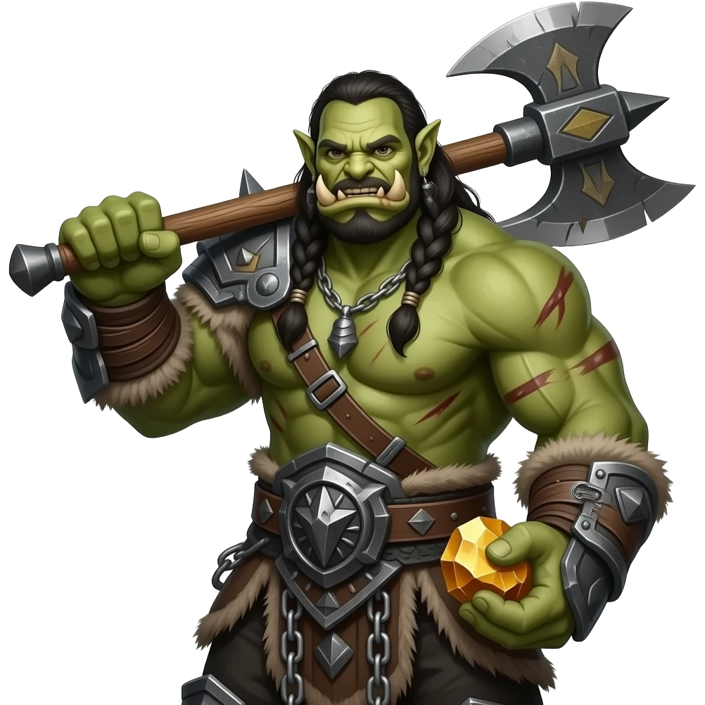 An green-skinned Orc War miner, hefting a large pickaxe over his shoulder holding a chunk of orichalcum ore in the other hand emoji